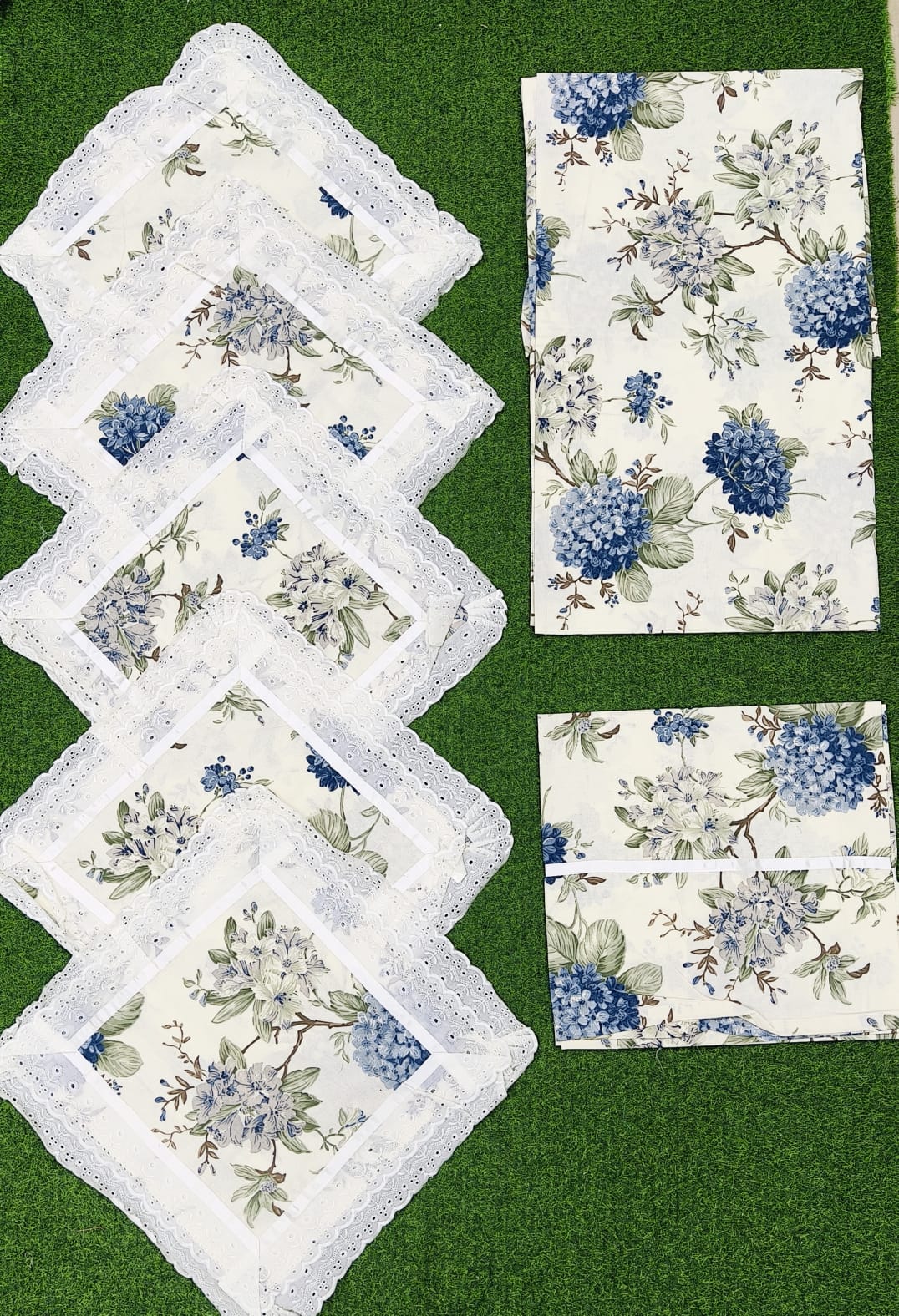 Pure cotton 8 piece traditional diwan sets with laced cushion covers