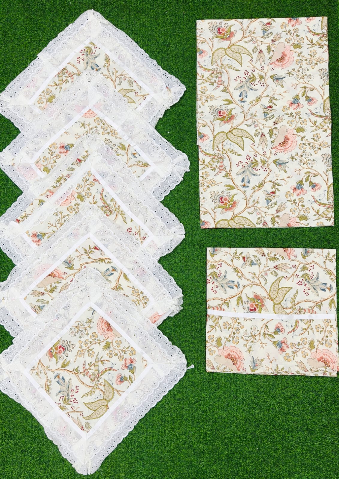 Pure cotton 8 piece traditional diwan sets with laced cushion covers