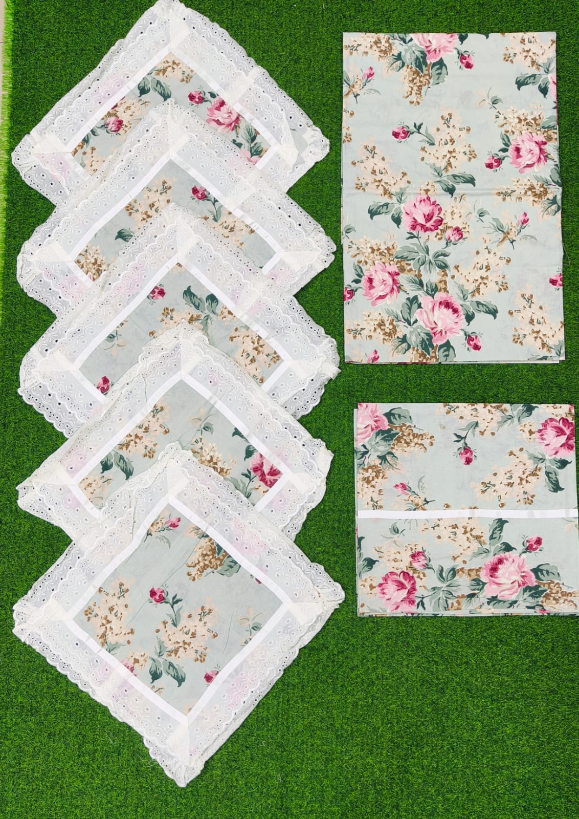 Pure cotton 8 piece traditional diwan sets with laced cushion covers