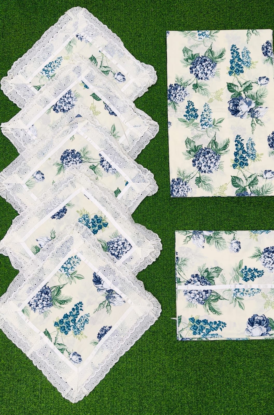 Pure cotton 8 piece traditional diwan sets with laced cushion covers