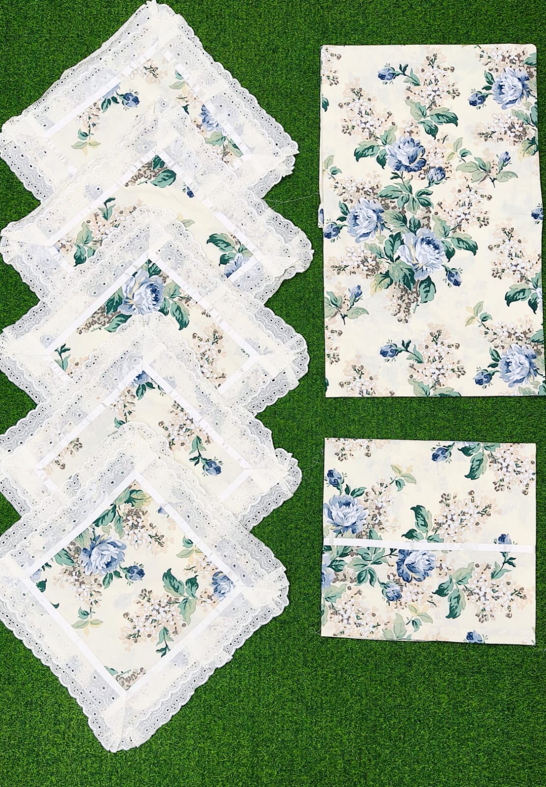 Pure cotton 8 piece traditional diwan sets with laced cushion covers