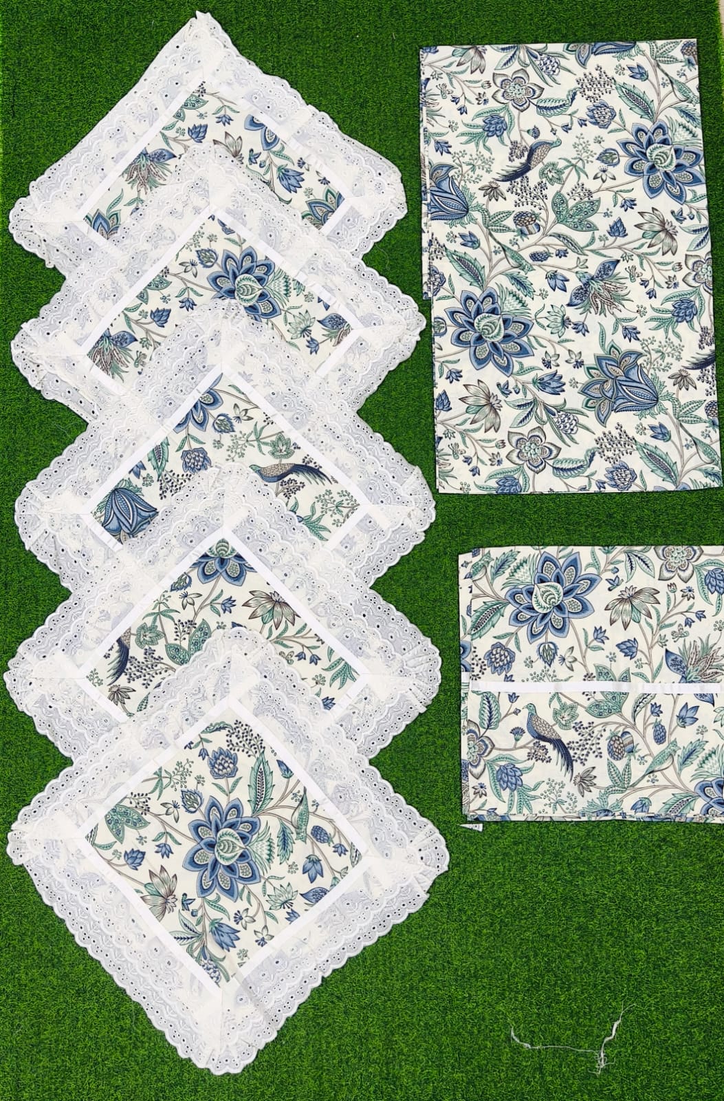 Pure cotton 8 piece traditional diwan sets with laced cushion covers