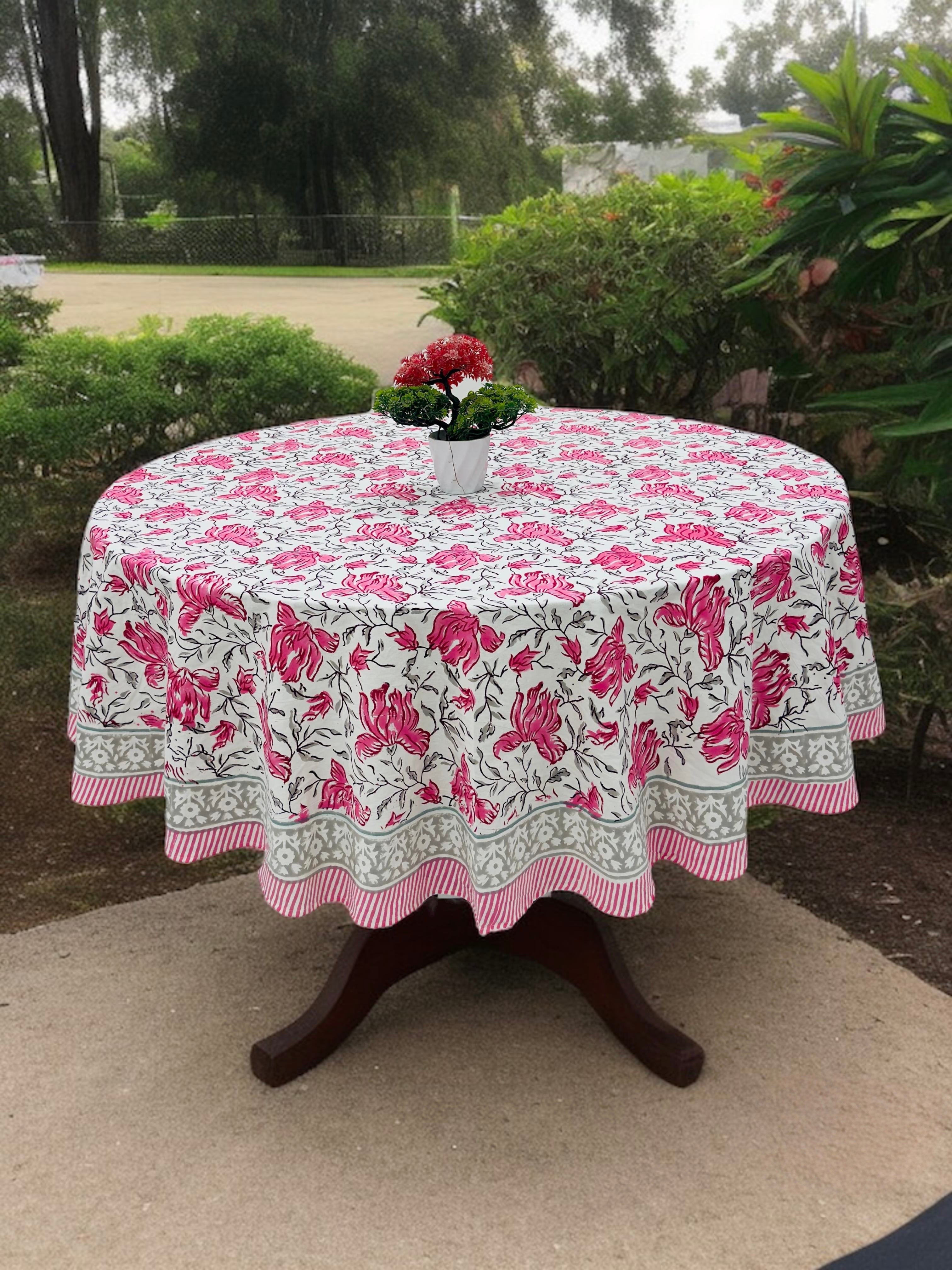 Pure cotton hand-block printed round table covers for 6 seater dining tables