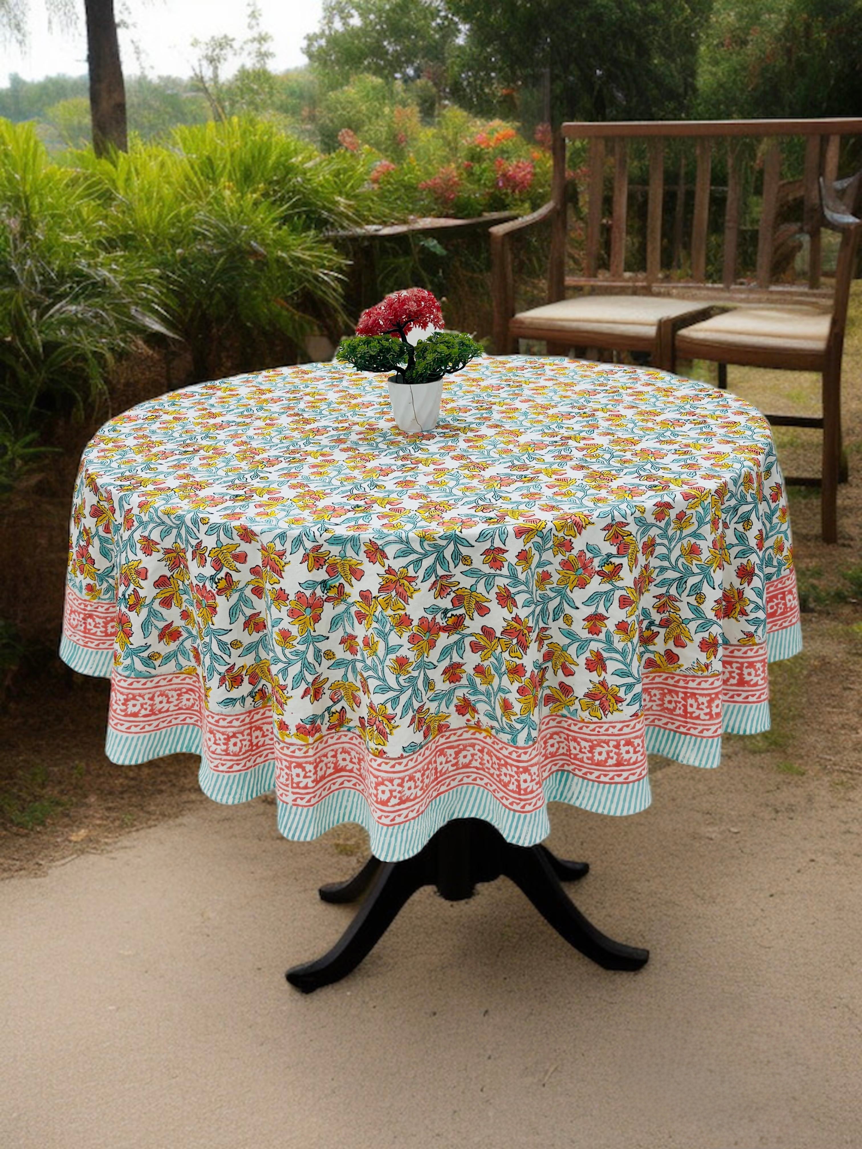 Pure cotton hand block printed round table covers for 6 seater dining tables (72 inches dia)