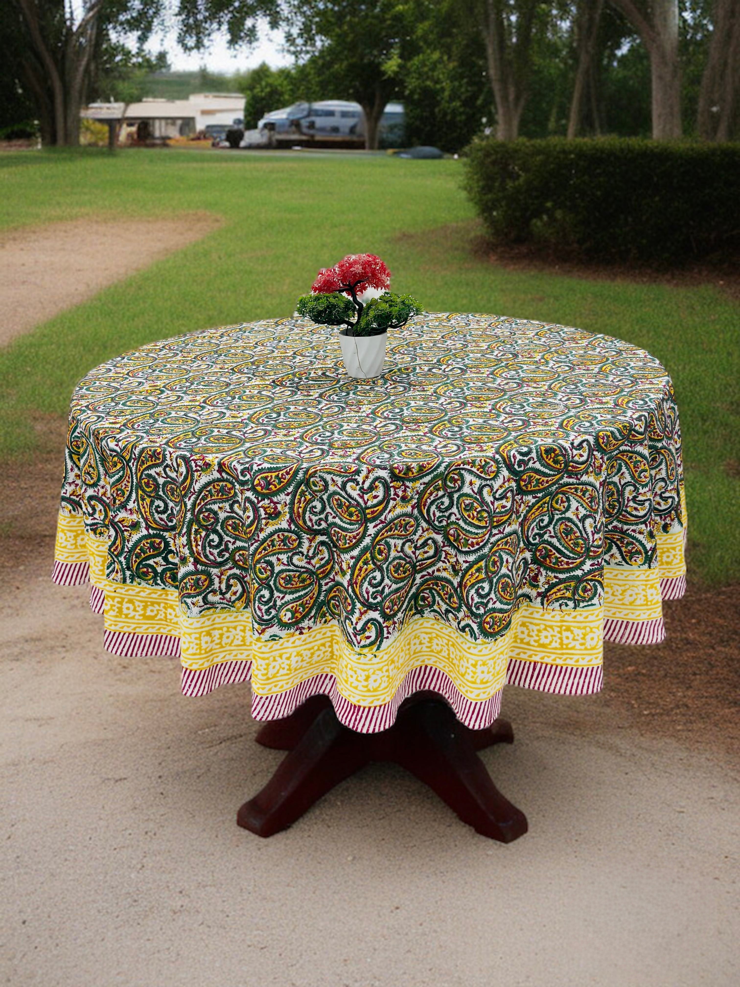 Pure cotton hand block printed round table covers for 6 seater dining tables (72 inches dia)