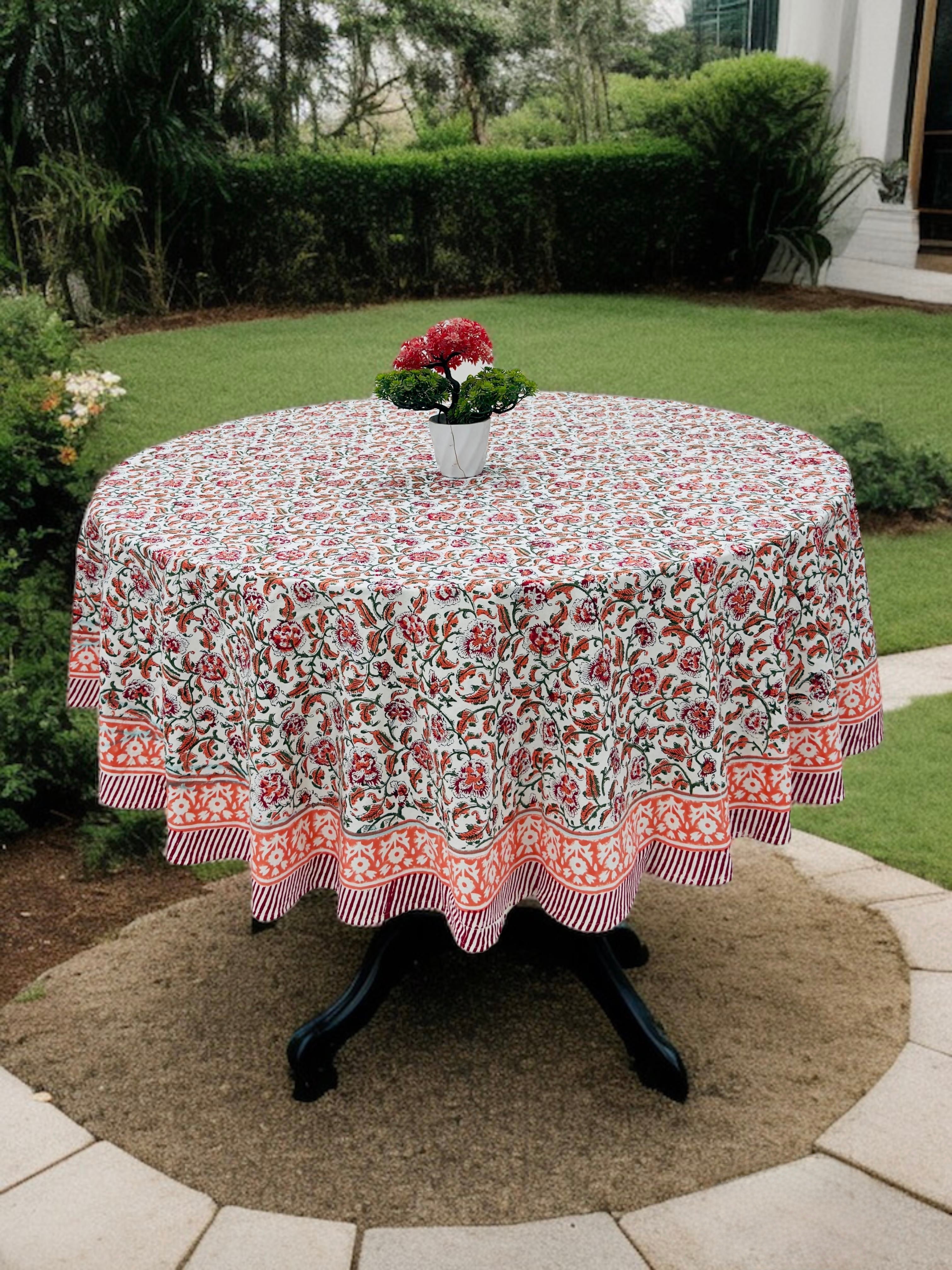 Pure cotton hand block printed round table covers for 6 seater dining tables (72 inches dia)