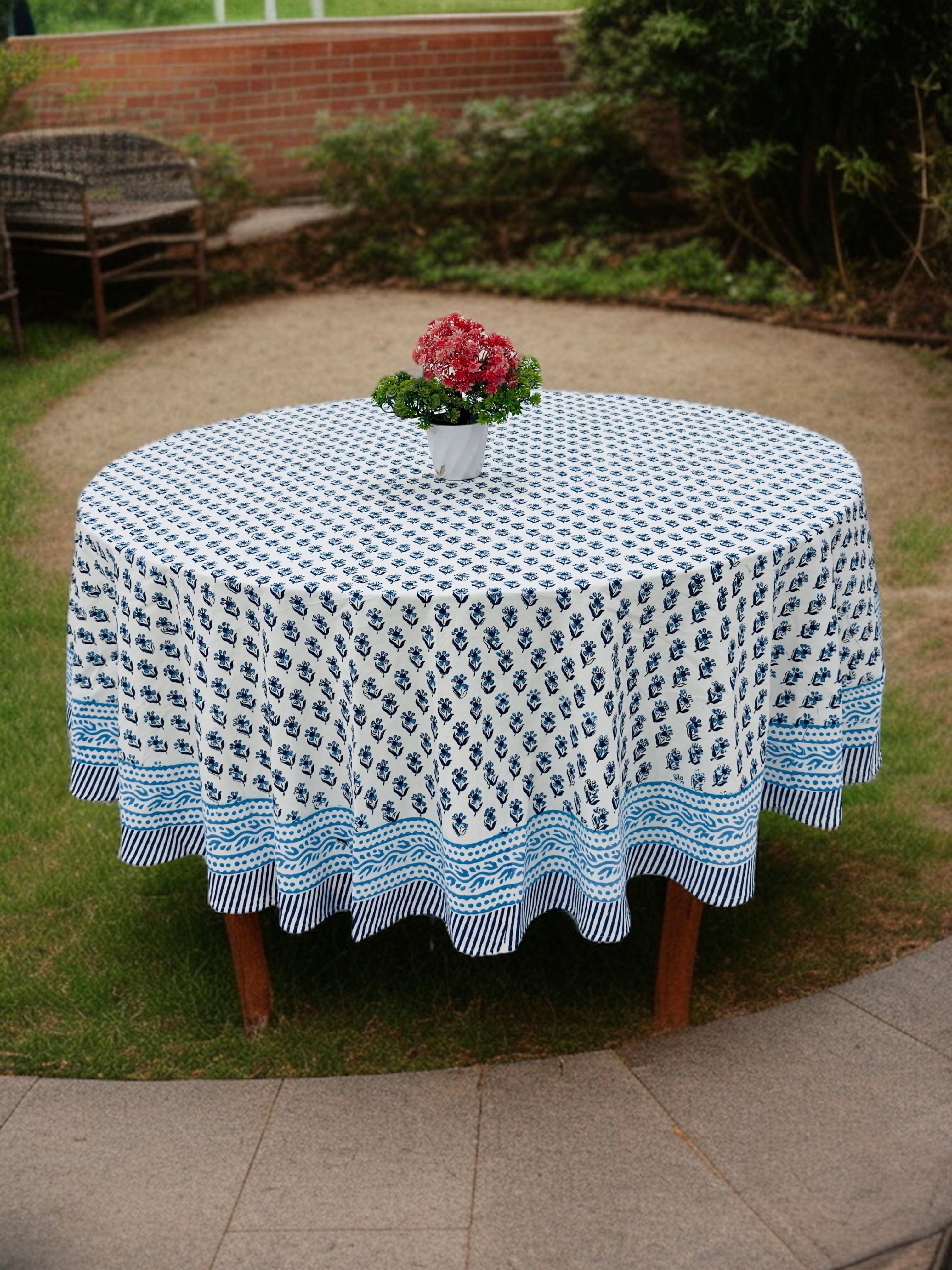 Pure cotton hand block printed round table covers for 6 seater dining tables (72 inches dia)