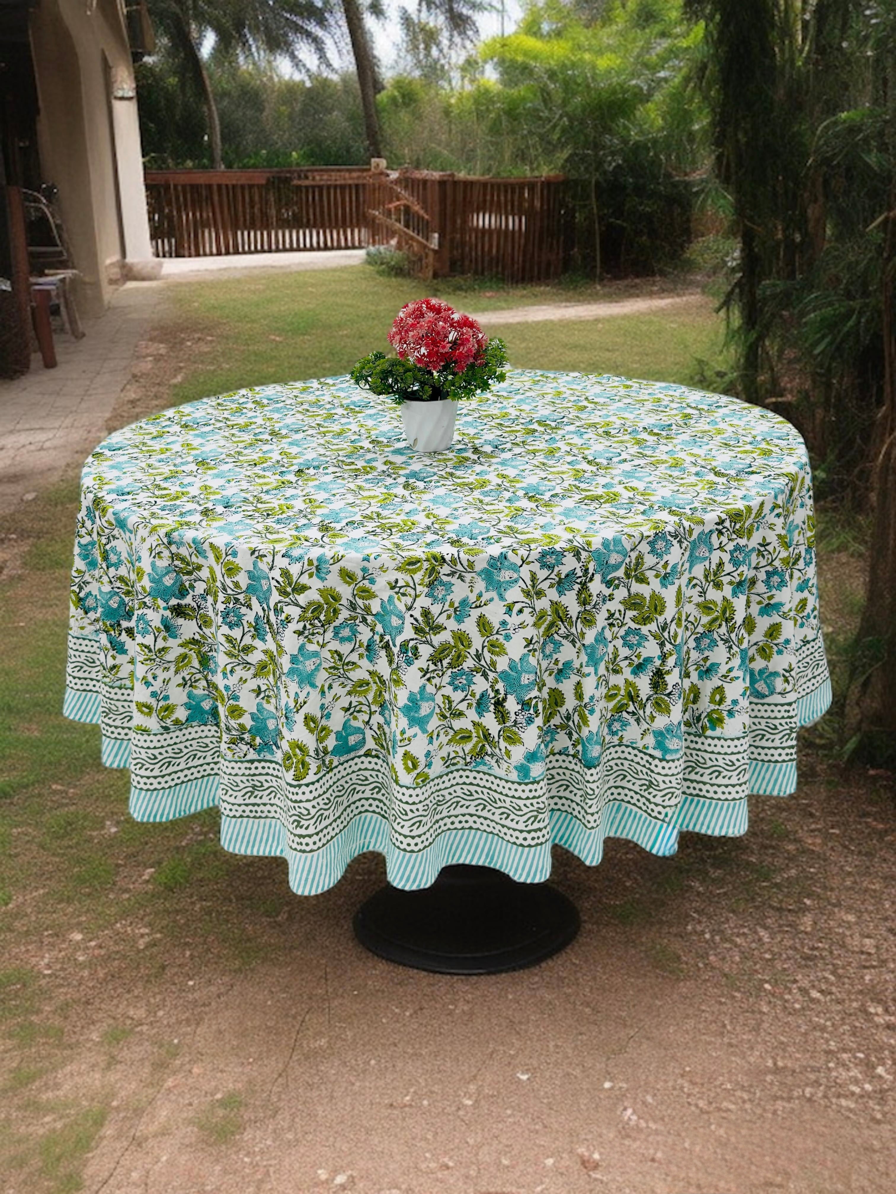 Pure cotton hand block printed round table covers for 6 seater dining tables (72 inches dia)