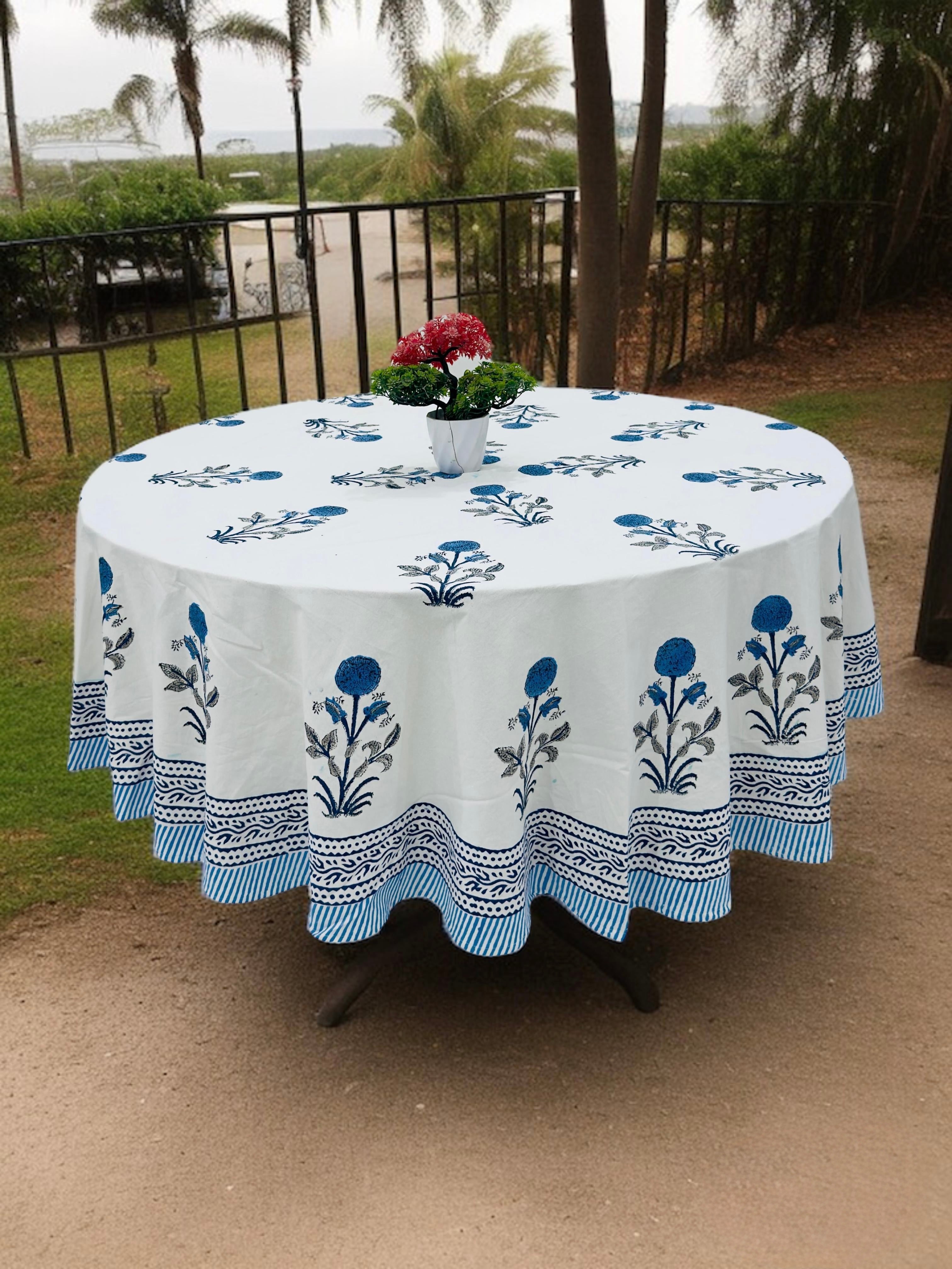 Pure cotton hand block printed round table covers for 6 seater dining tables (72 inches dia)