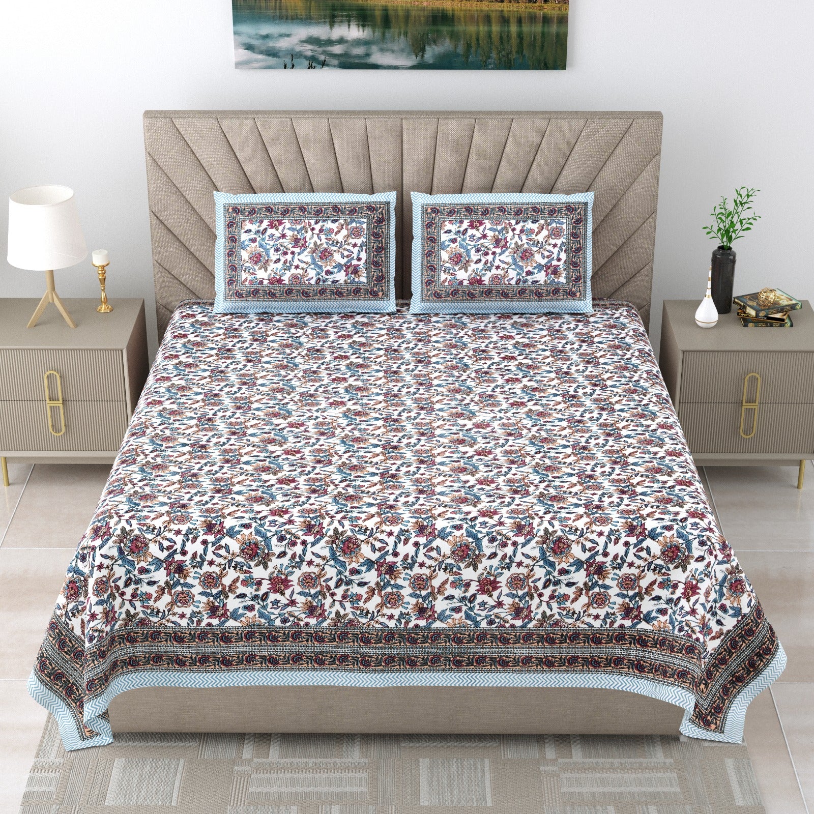 Pure cotton double bedsheet with 2 pillow covers (90x108 inches)