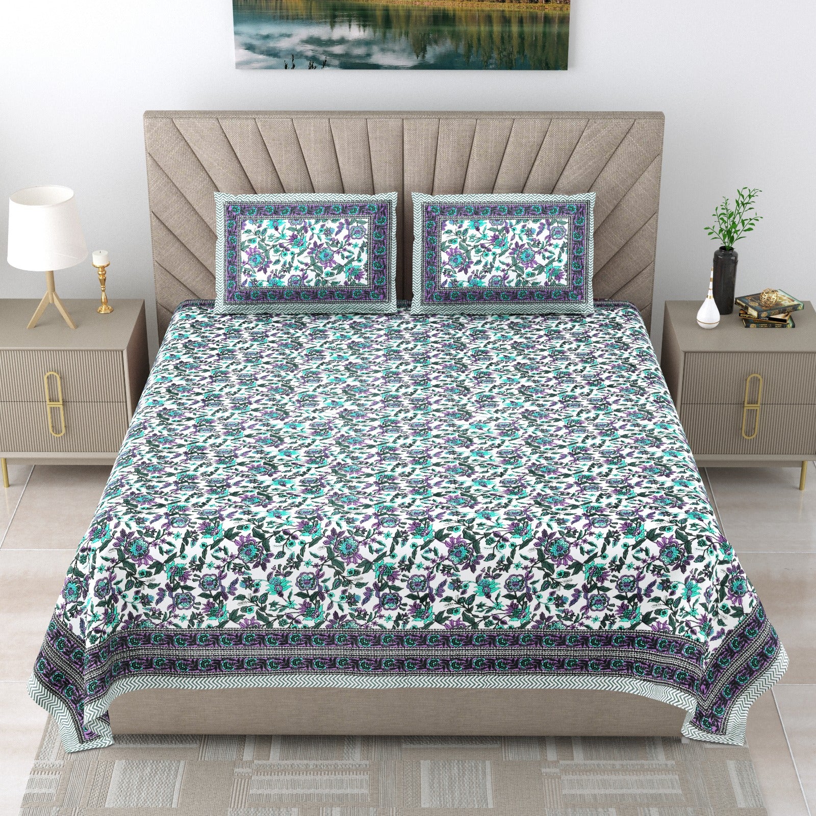 Pure cotton double bedsheet with 2 pillow covers (90x108 inches)