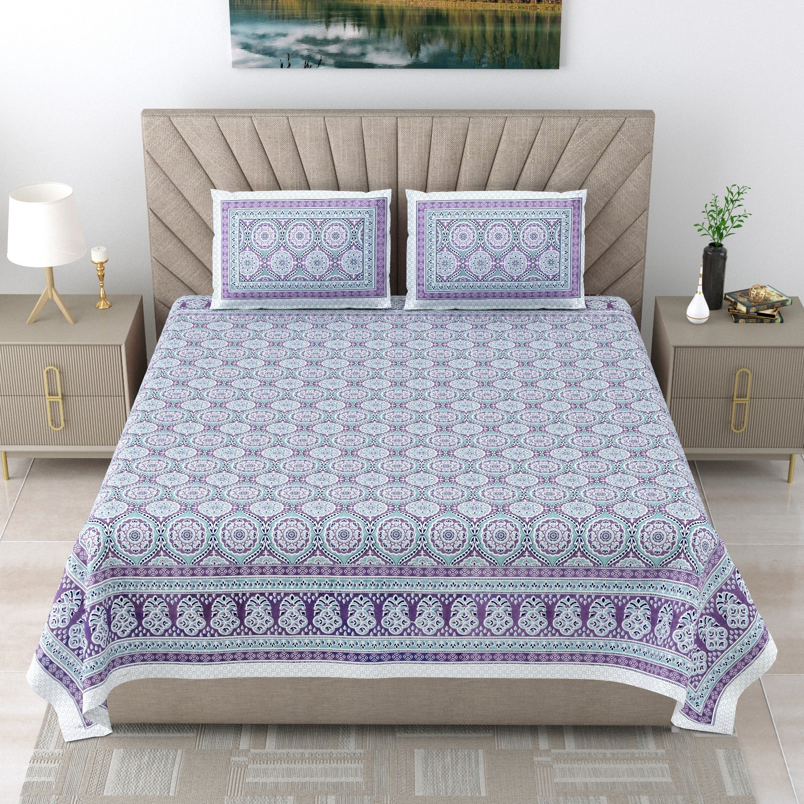 Pure cotton double bedsheet with 2 pillow covers (90x108 inches)