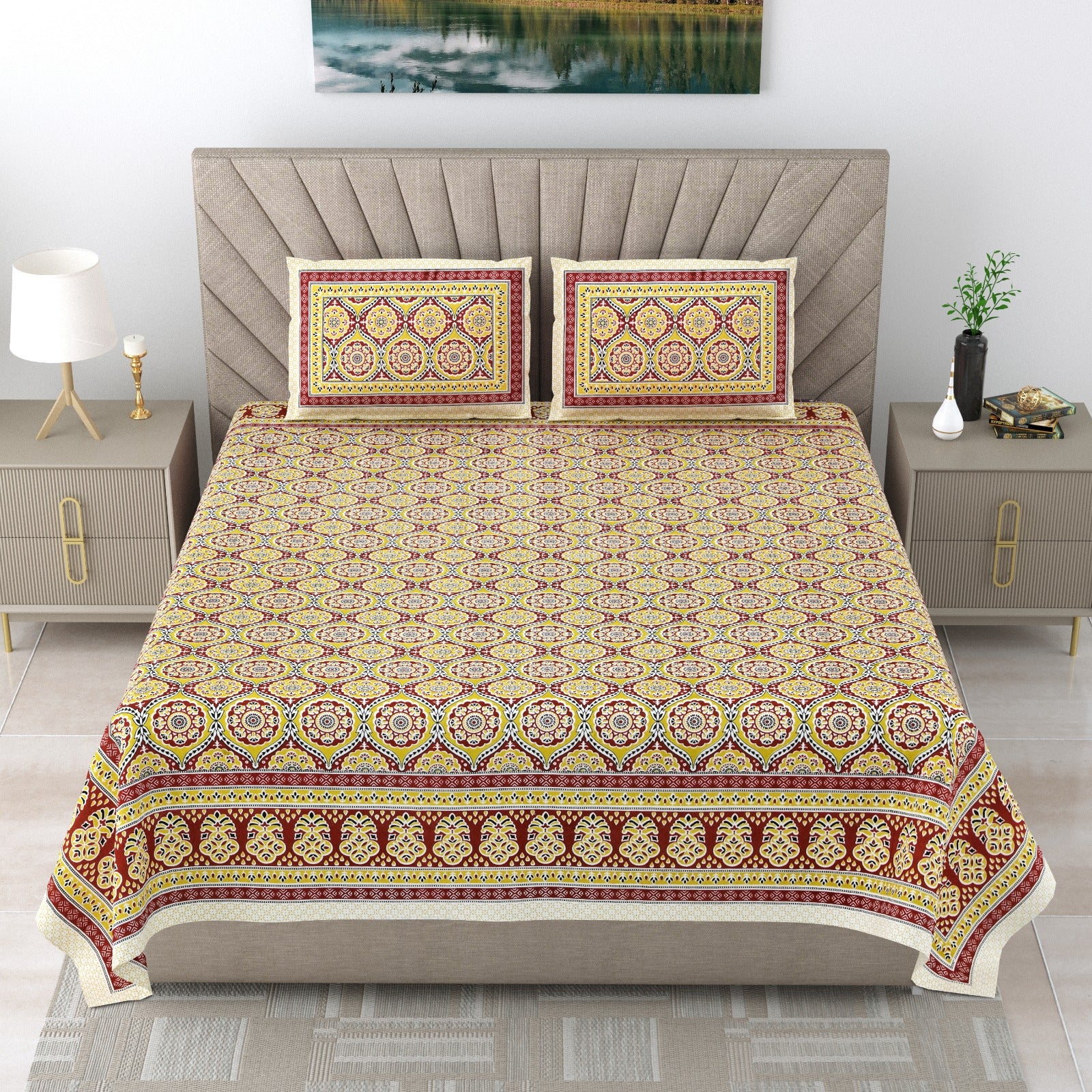 Pure cotton double bedsheet with 2 pillow covers (90x108 inches)