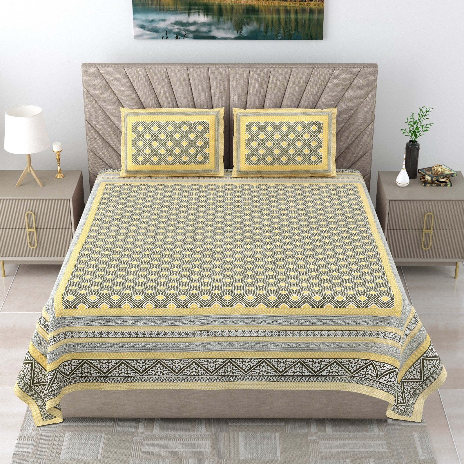 Pure cotton double bedsheet with 2 pillow covers (90x108 inches)