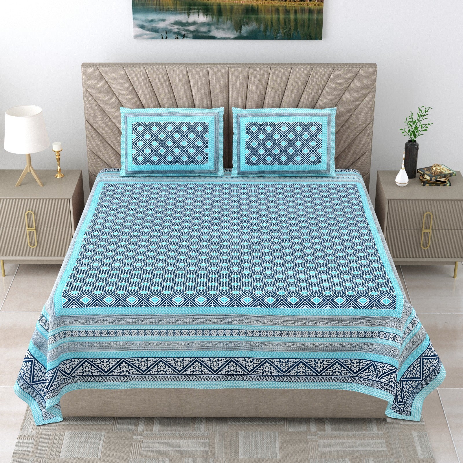 Pure cotton double bedsheet with 2 pillow covers (90x108 inches)