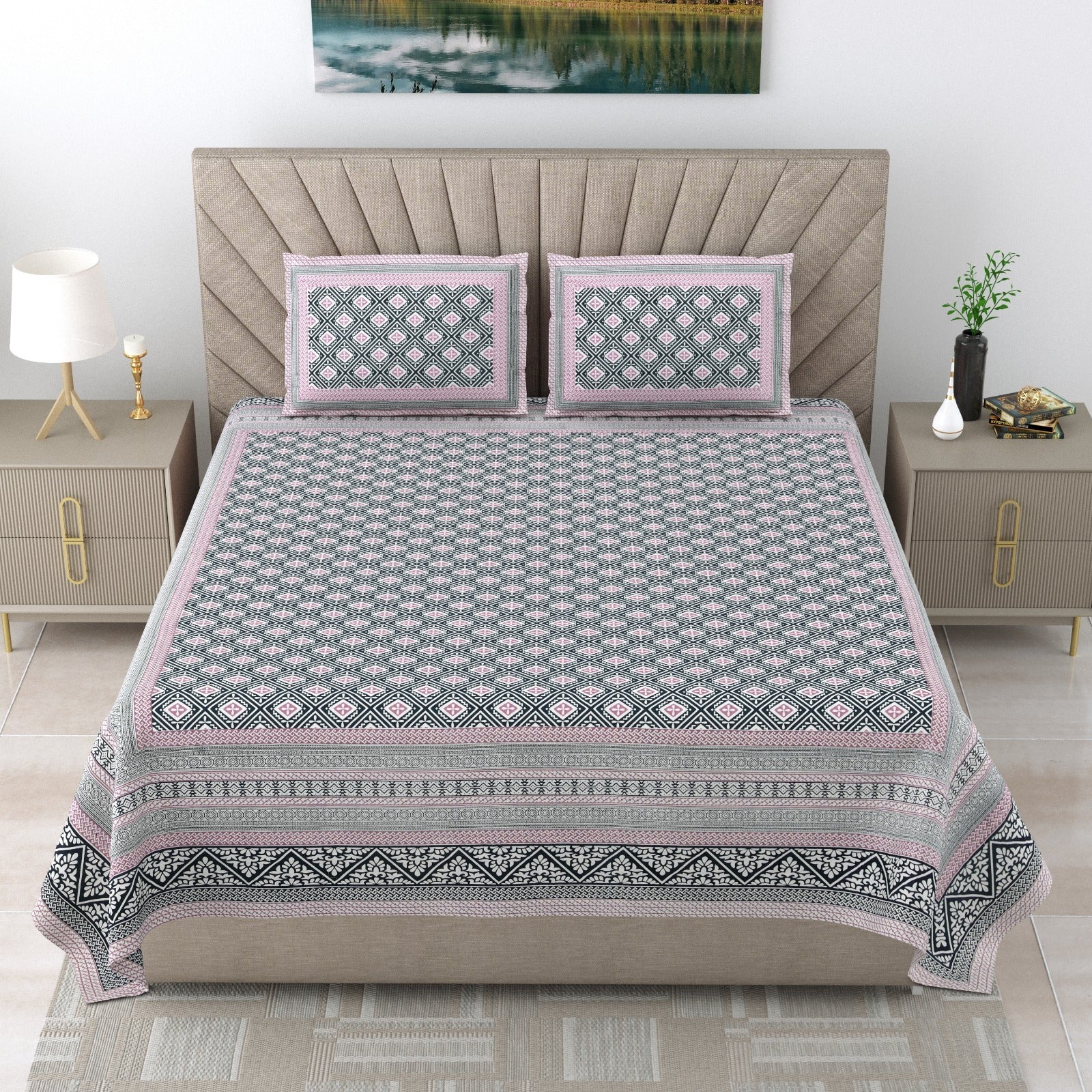 Pure cotton double bedsheet with 2 pillow covers (90x108 inches)