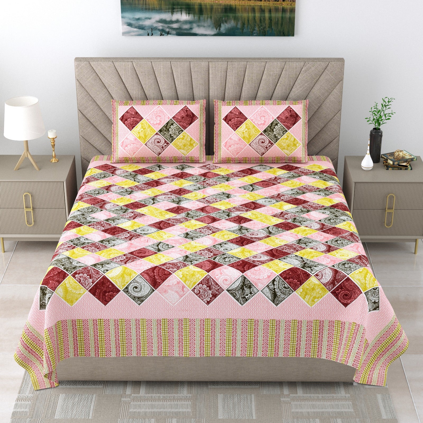 Pure cotton double bedsheet with 2 pillow covers (90x108 inches)