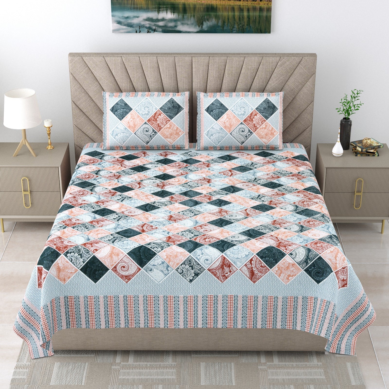 Pure cotton double bedsheet with 2 pillow covers (90x108 inches)