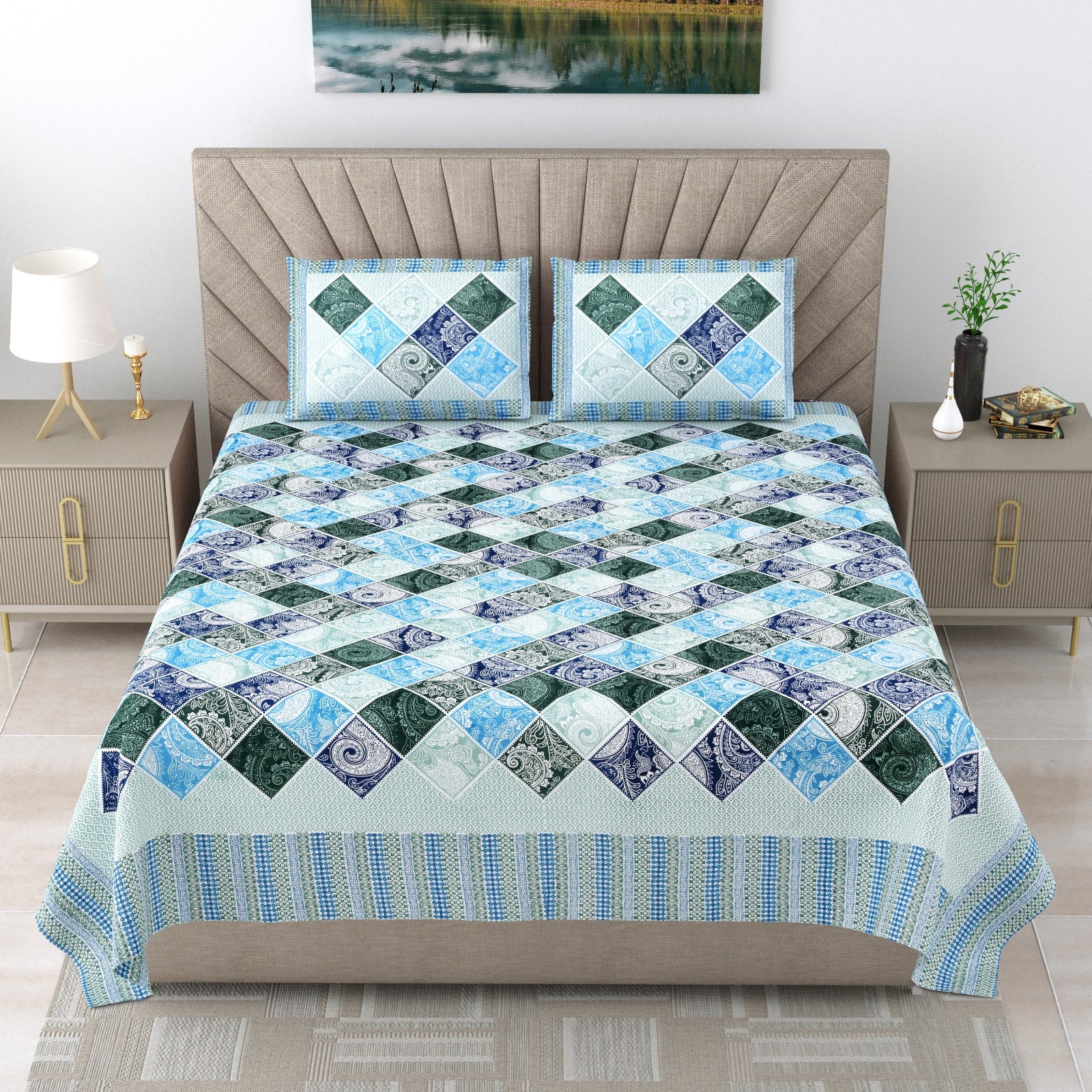 Pure cotton double bedsheet with 2 pillow covers (90x108 inches)