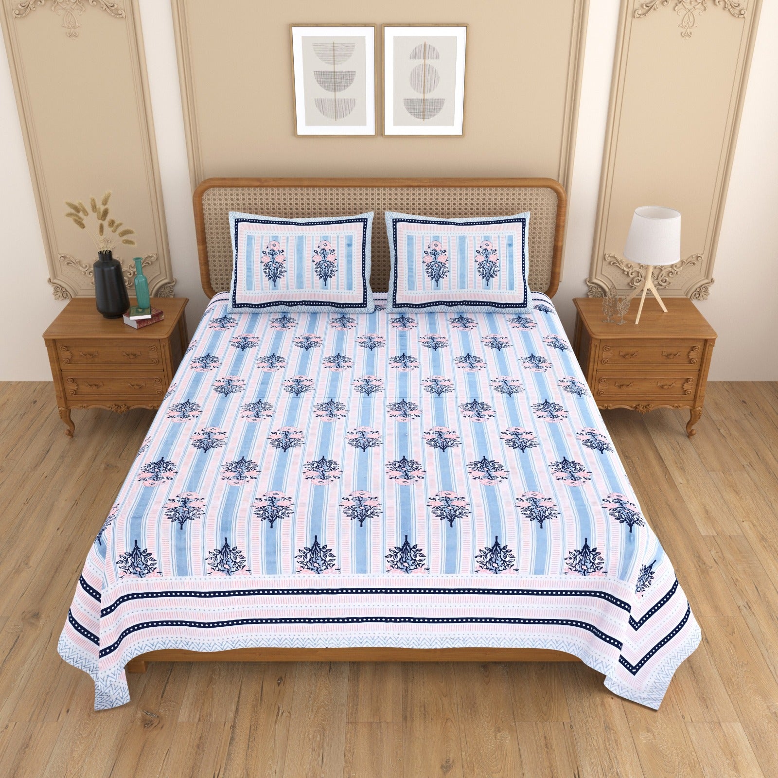 Pure cotton double bedsheet with 2 pillow covers (90x108 inches)