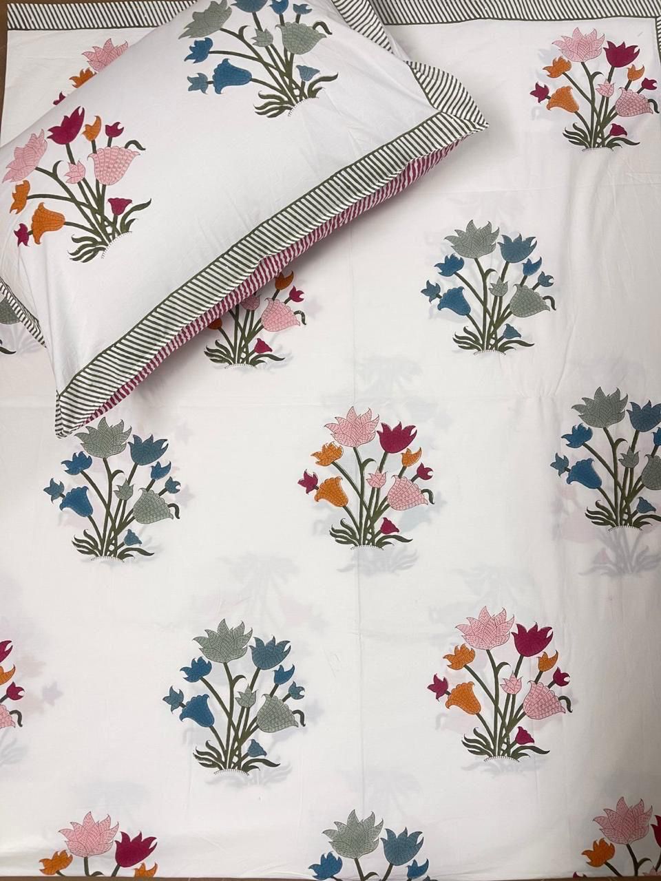 Pure cotton hand-block printed queen size double bedsheets with 2 pillow covers (90x108 inches)