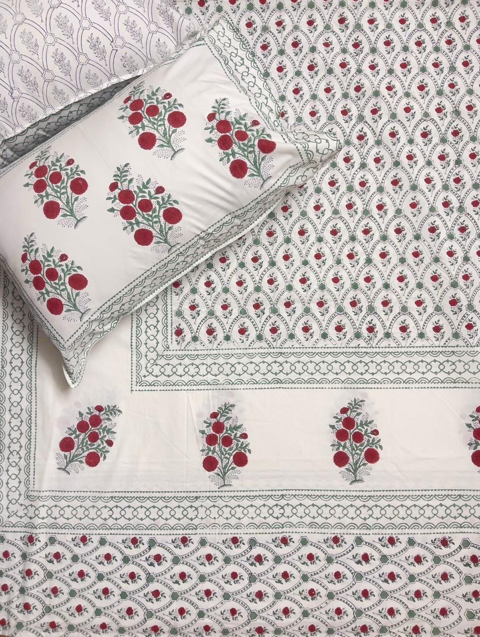Pure cotton hand-block printed queen size double bedsheets with 2 pillow covers (90x108 inches)