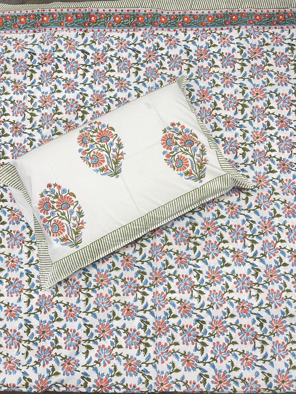 Pure cotton hand-block printed queen size double bedsheets with 2 pillow covers (90x108 inches)