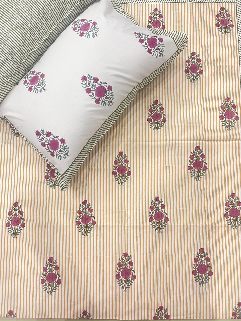 Pure cotton hand-block printed queen size double bedsheets with 2 pillow covers (90x108 inches)