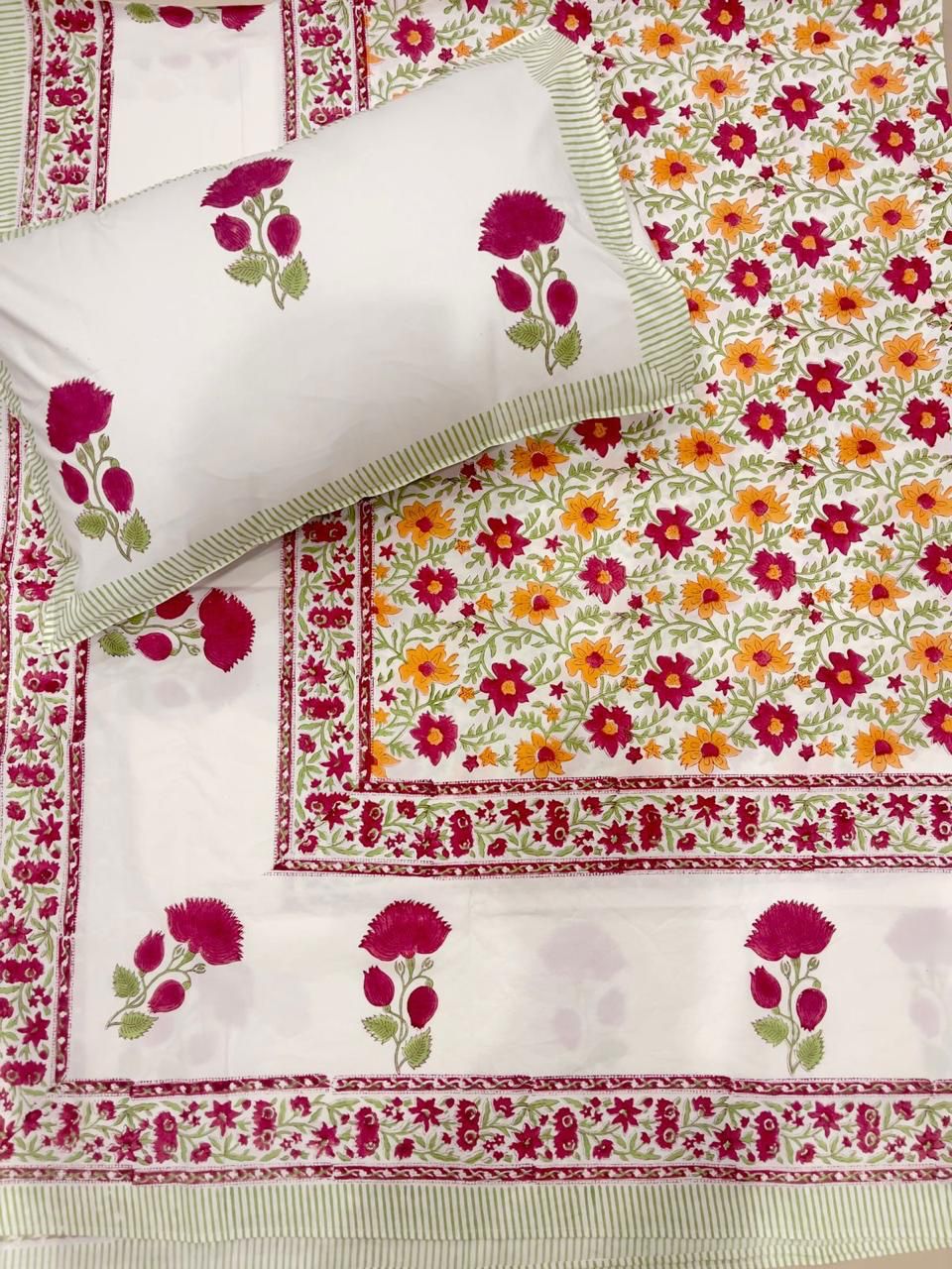 Pure cotton hand-block printed queen size double bedsheets with 2 pillow covers (90x108 inches)