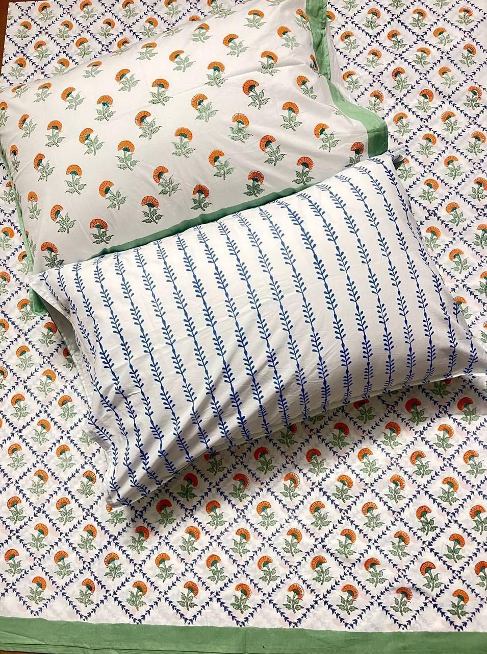 Pure cotton hand-block printed queen size double bedsheets with 2 pillow covers (90x108 inches)