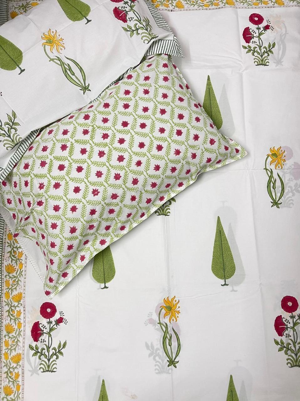 Pure cotton hand-block printed queen size double bedsheets with 2 pillow covers (90x108 inches)