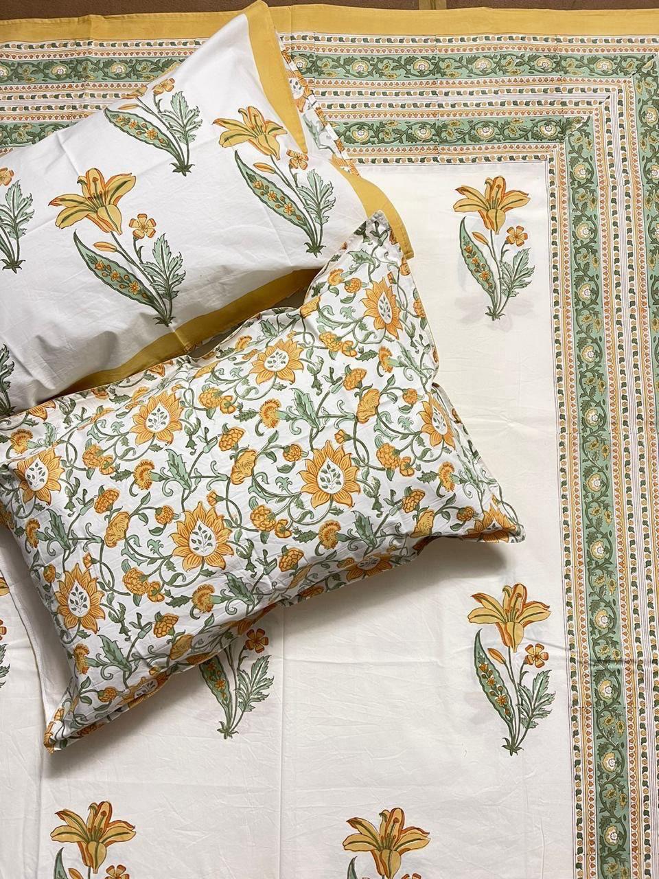 Pure cotton hand-block printed queen size double bedsheets with 2 pillow covers (90x108 inches)