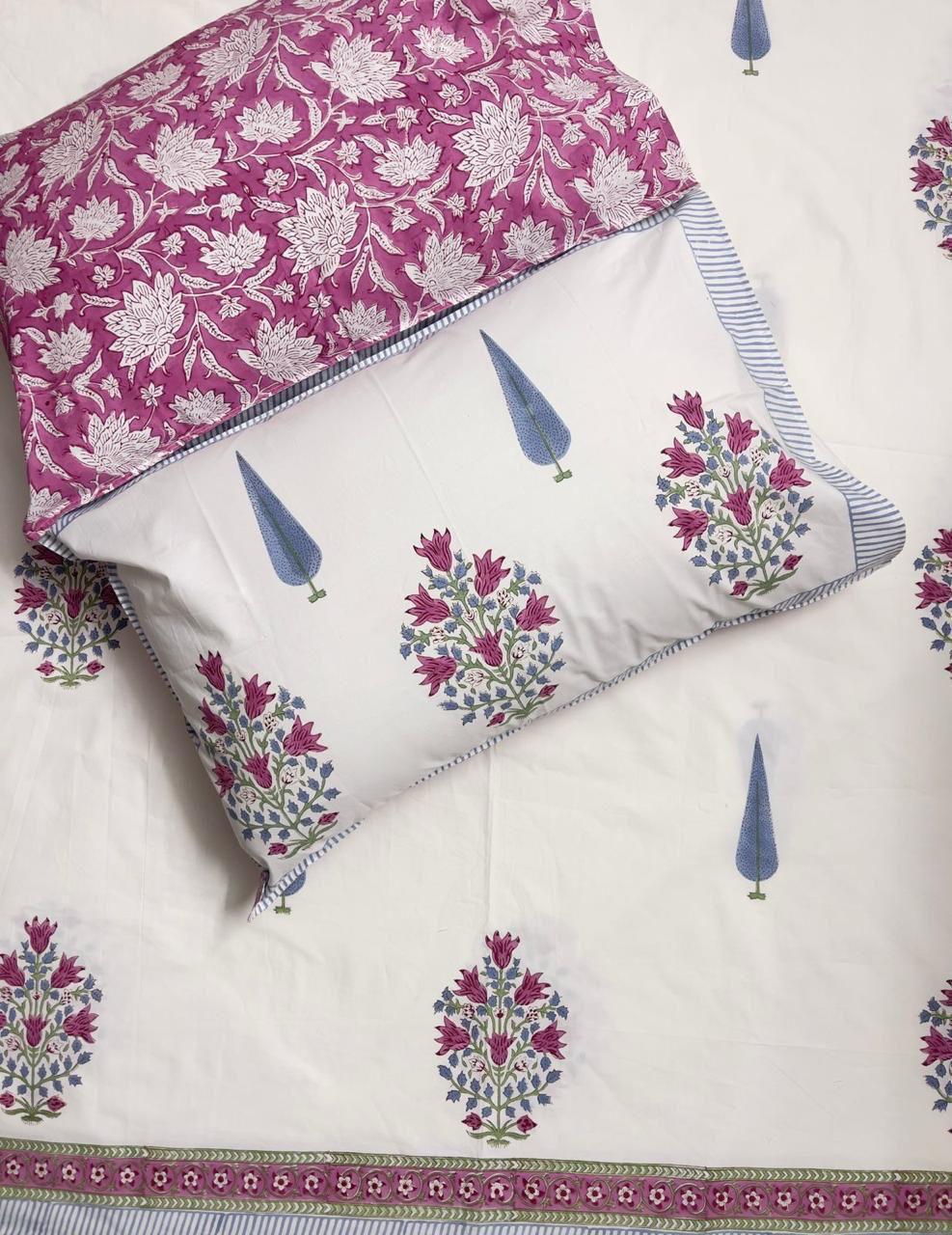 Pure cotton hand-block printed queen size double bedsheets with 2 pillow covers (90x108 inches)