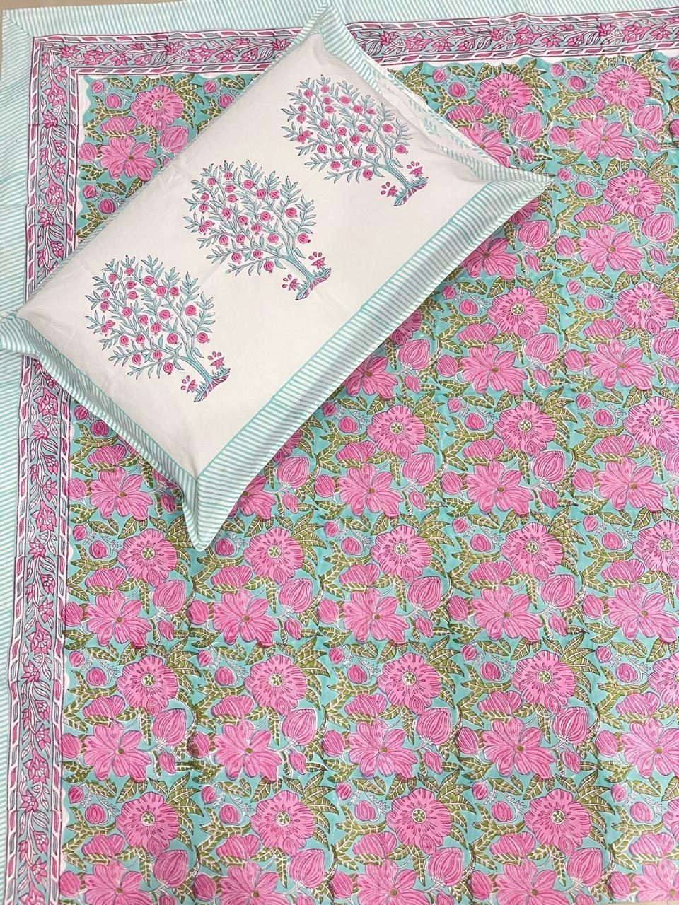 Pure cotton hand-block printed queen size double bedsheets with 2 pillow covers (90x108 inches)