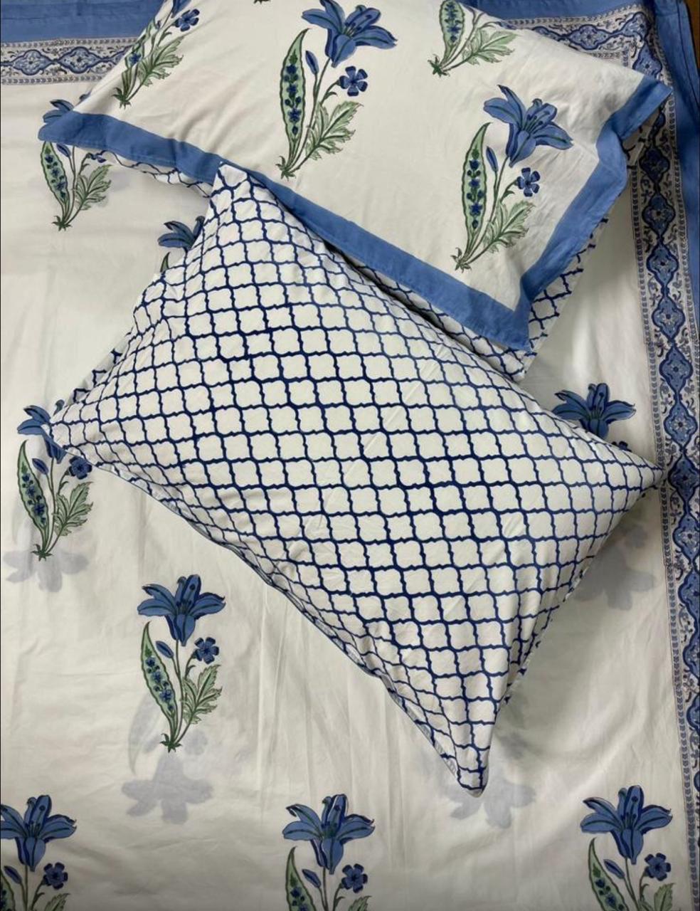 Pure cotton hand-block printed queen size double bedsheets with 2 pillow covers (90x108 inches)