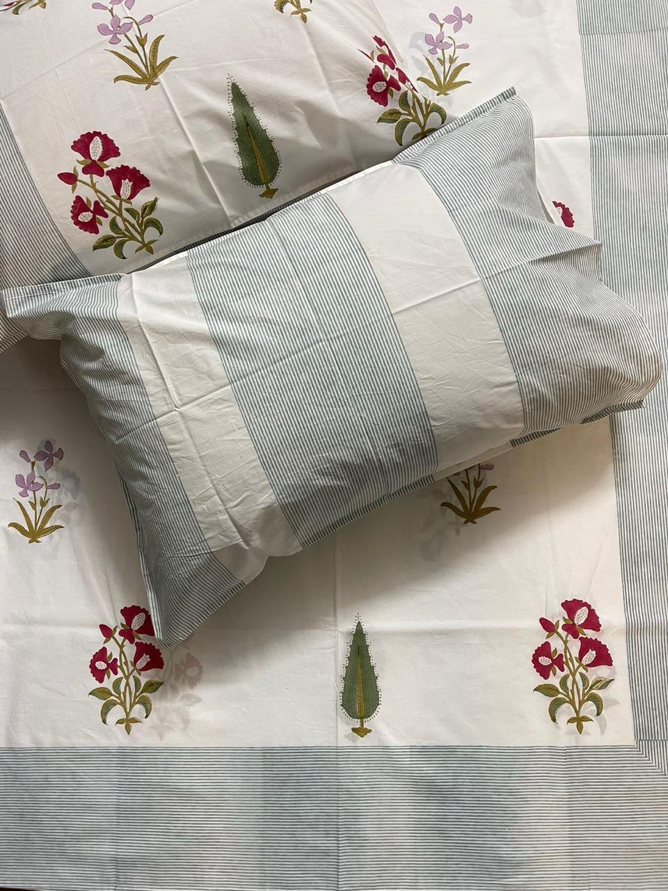 Pure cotton hand-block printed queen size double bedsheets with 2 pillow covers (90x108 inches)