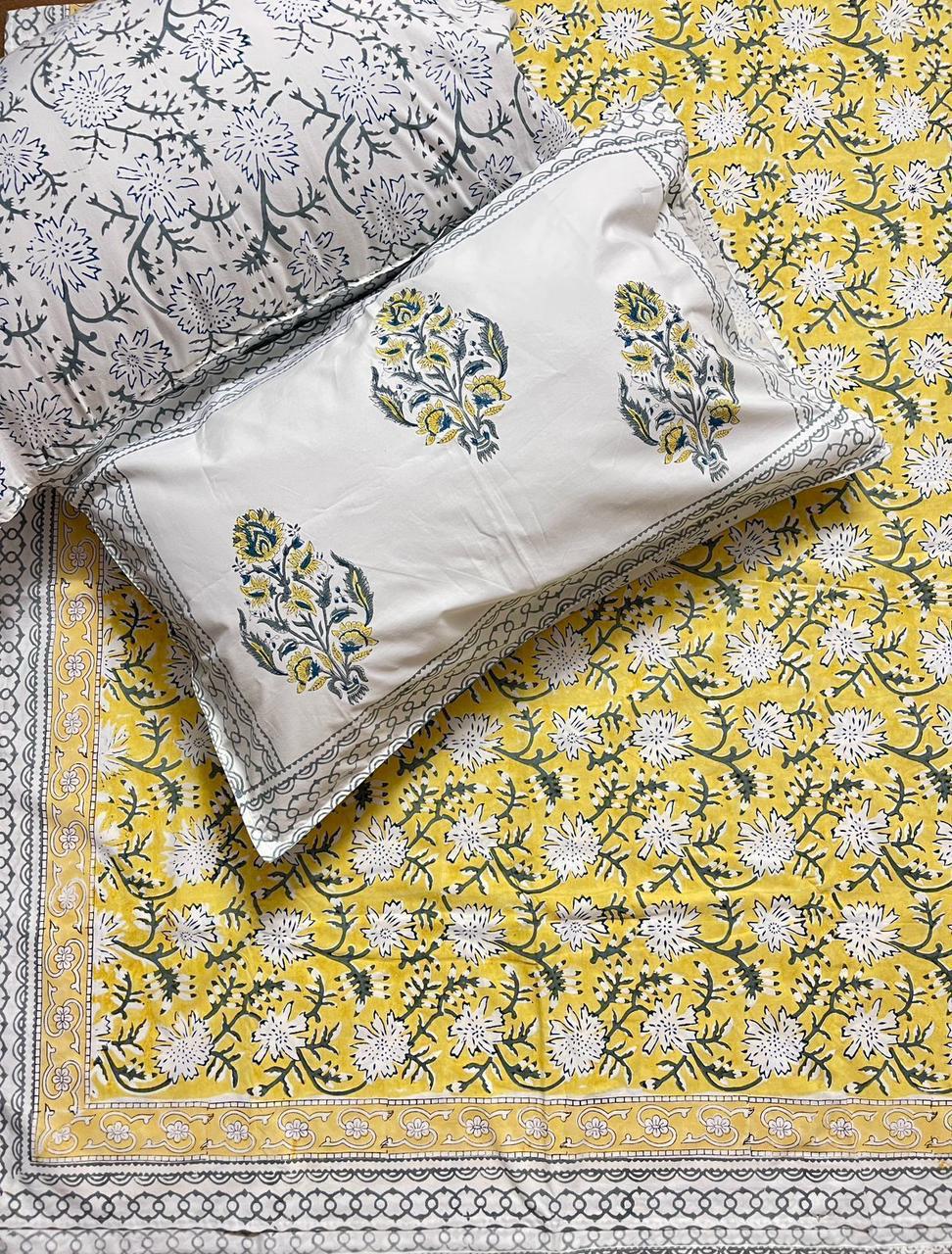 Pure cotton hand-block printed queen size double bedsheets with 2 pillow covers (90x108 inches)