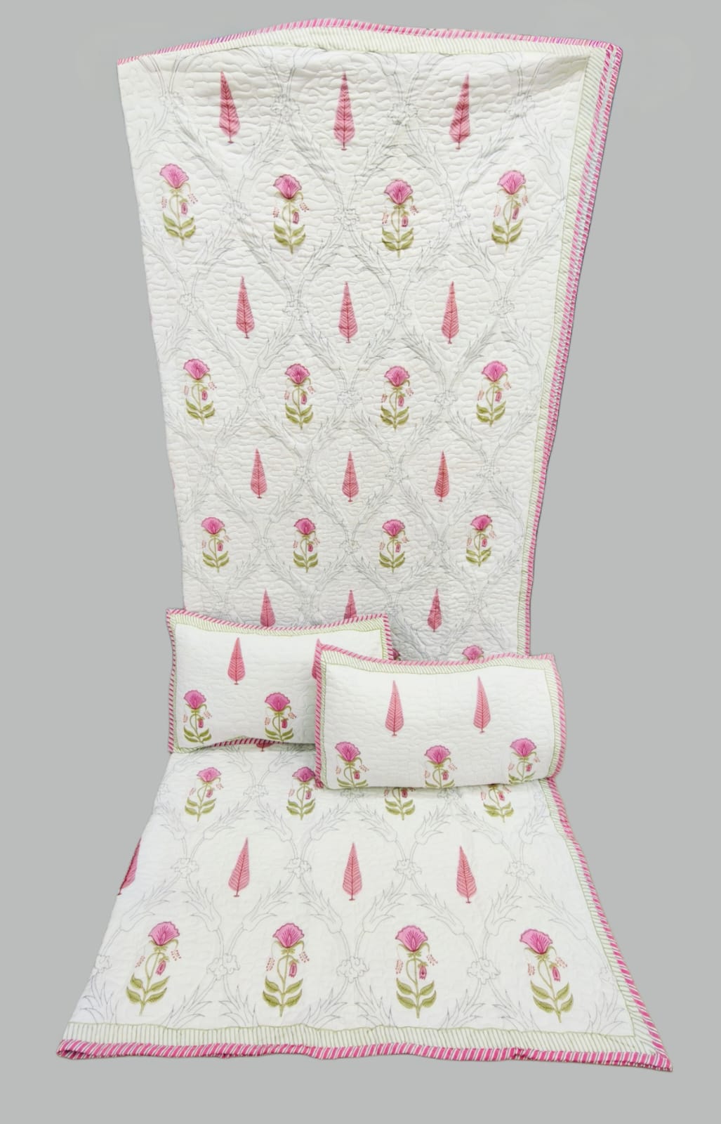 Pure mulmul cotton paani jaal quilted reversible double bedcovers with 2 quilted pillow covers (90x108 inches)