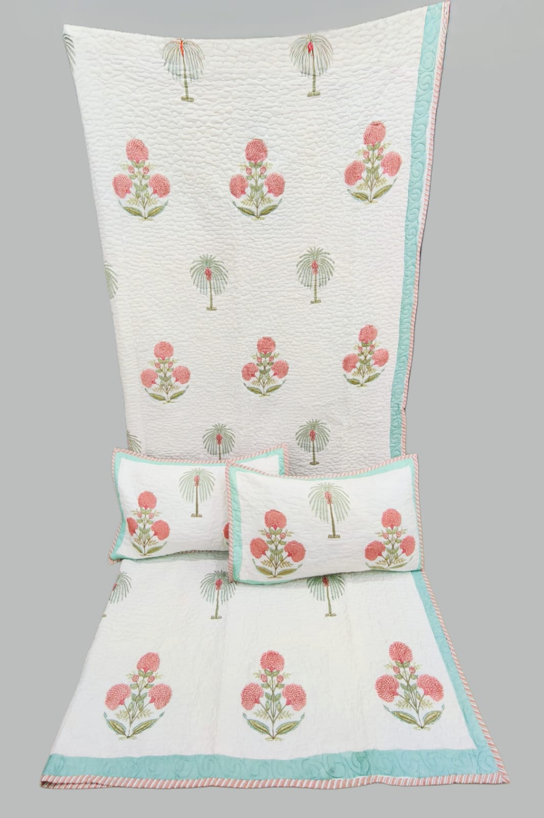 Pure mulmul cotton paani jaal quilted reversible double bedcovers with 2 quilted pillow covers (90x108 inches)