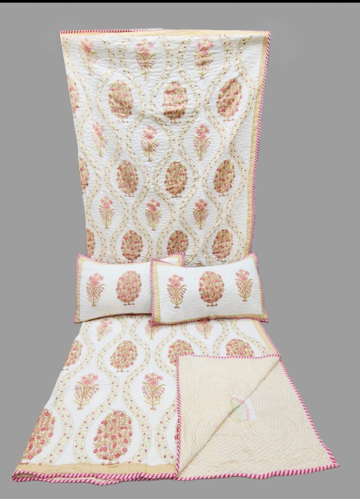Pure mulmul cotton paani jaal quilted reversible double bedcovers with 2 quilted pillow covers (90x108 inches)
