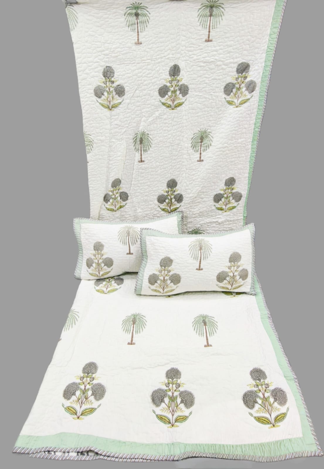 Pure mulmul cotton paani jaal quilted reversible double bedcovers with 2 quilted pillow covers (90x108 inches)