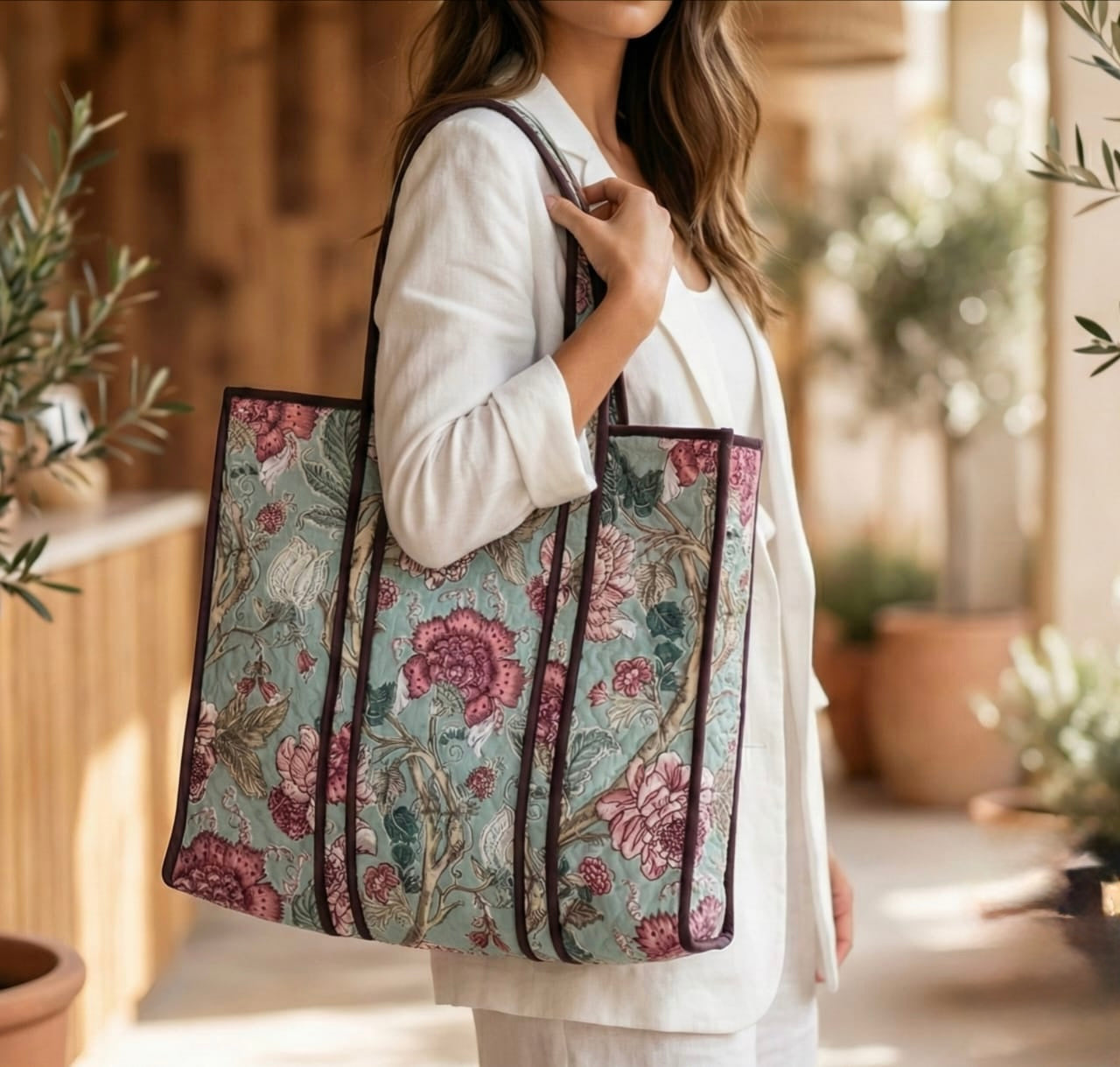 Pure cotton zigzag quilted tote bag (18x18 inches)