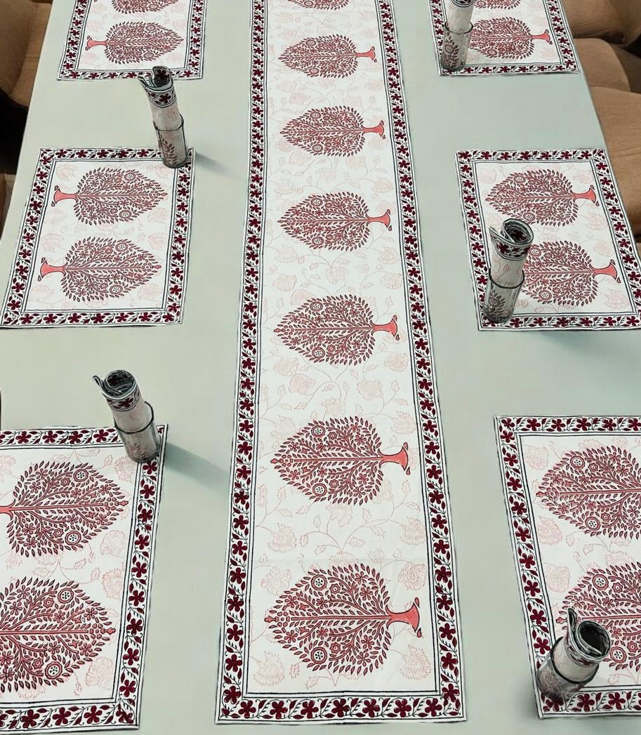 Pure cotton hand block printed placemats, runner and napkin combo for 6 seater dining table