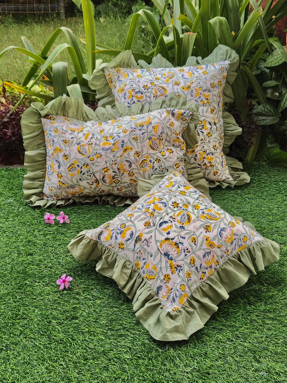 Pure cotton hand-block printed ruffled cushion covers (set of 2)