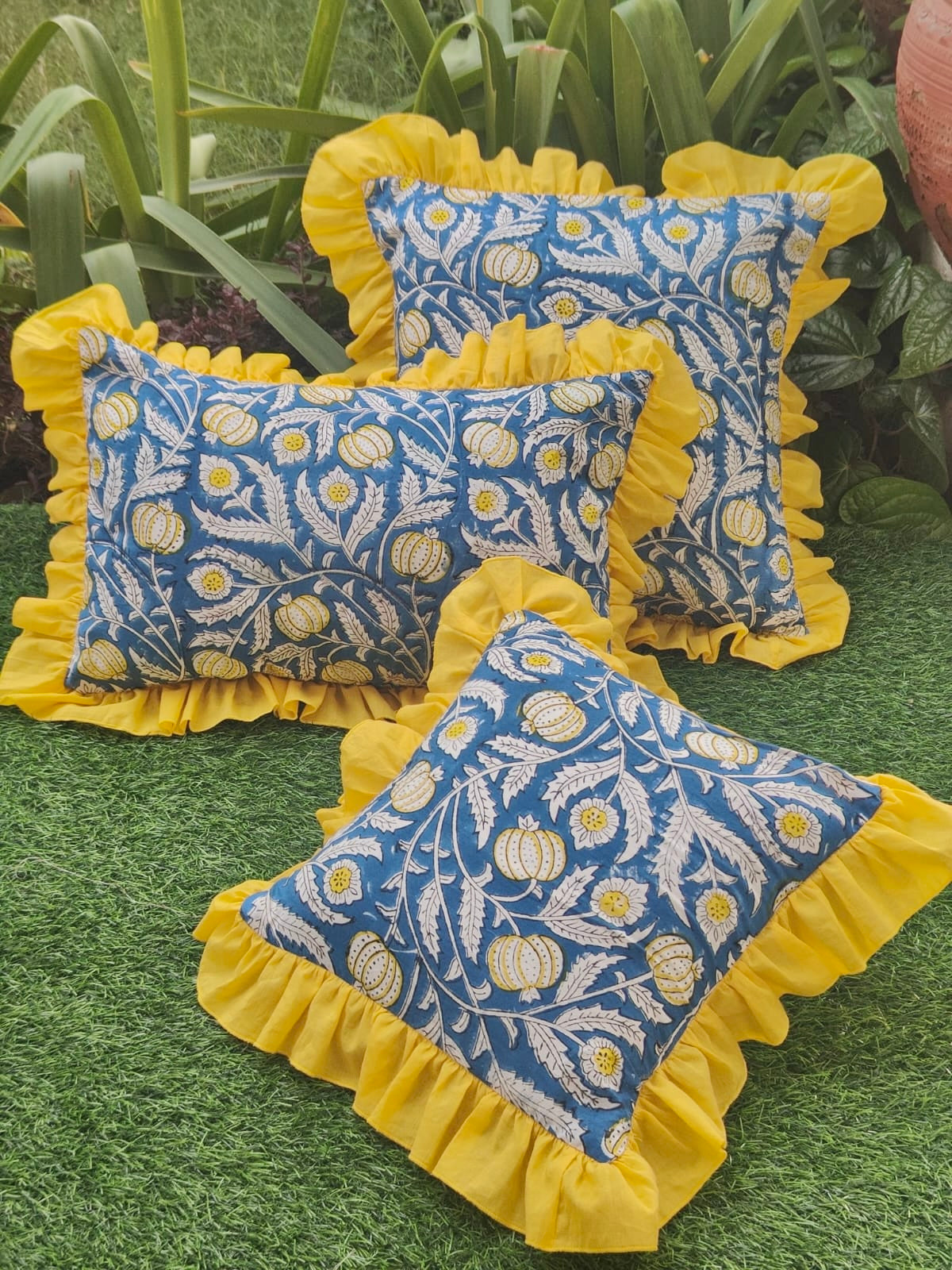 Pure cotton hand-block printed ruffled cushion covers