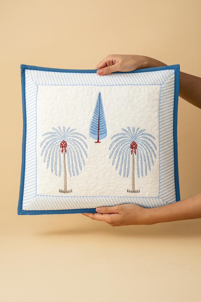 Pure cotton hand block printed quilted cushion covers 16x16 inches (Set of 5)