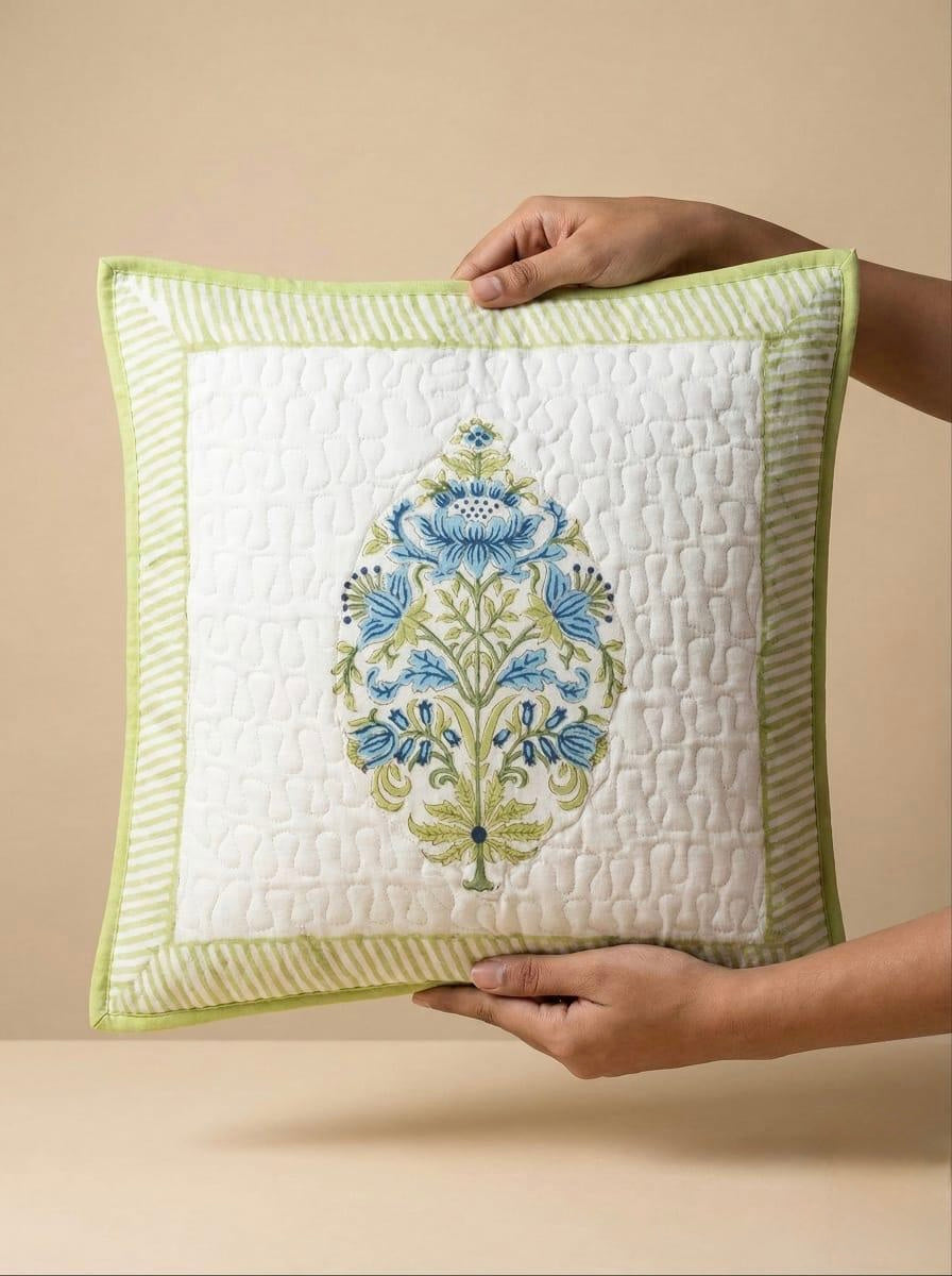Pure cotton hand block printed quilted cushion covers 16x16 inches (Set of 5)