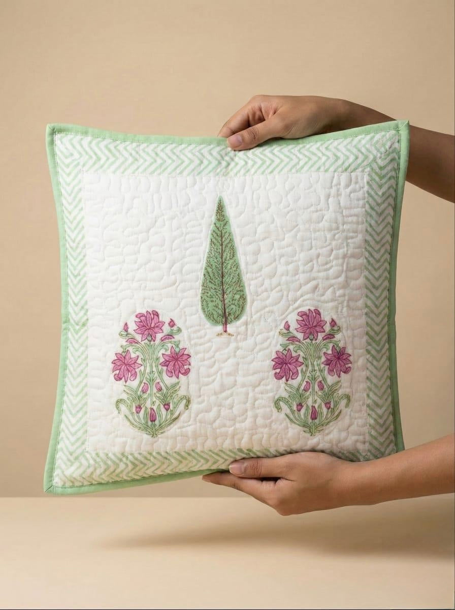 Pure cotton hand block printed quilted cushion covers 16x16 inches (Set of 5)