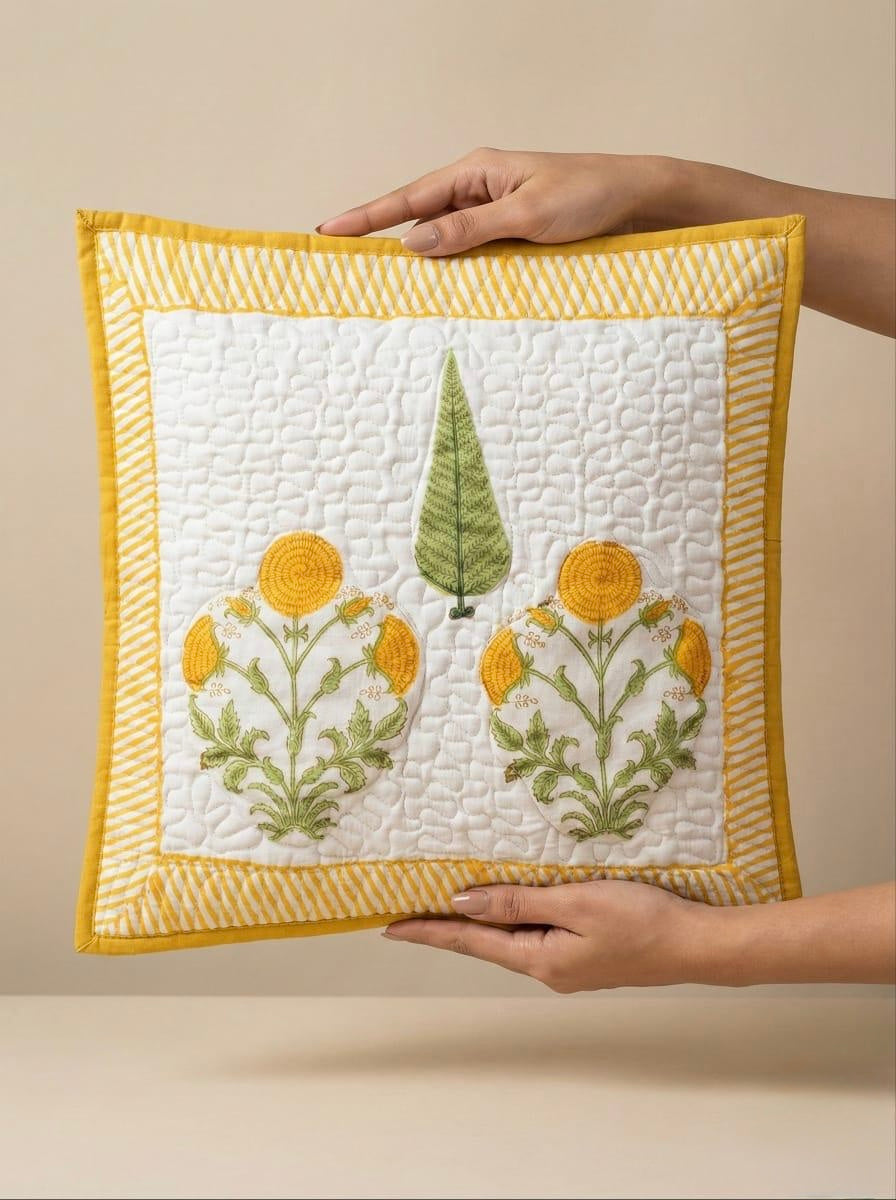 Pure cotton hand block printed quilted cushion covers 16x16 inches (Set of 5)