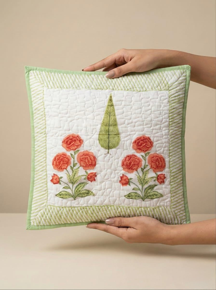 Pure cotton hand block printed quilted cushion covers 16x16 inches (Set of 5)
